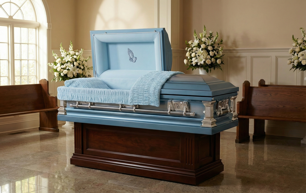 Praying Hands Casket Monarch Blue with Blue Velvet Interior - Metal Casket