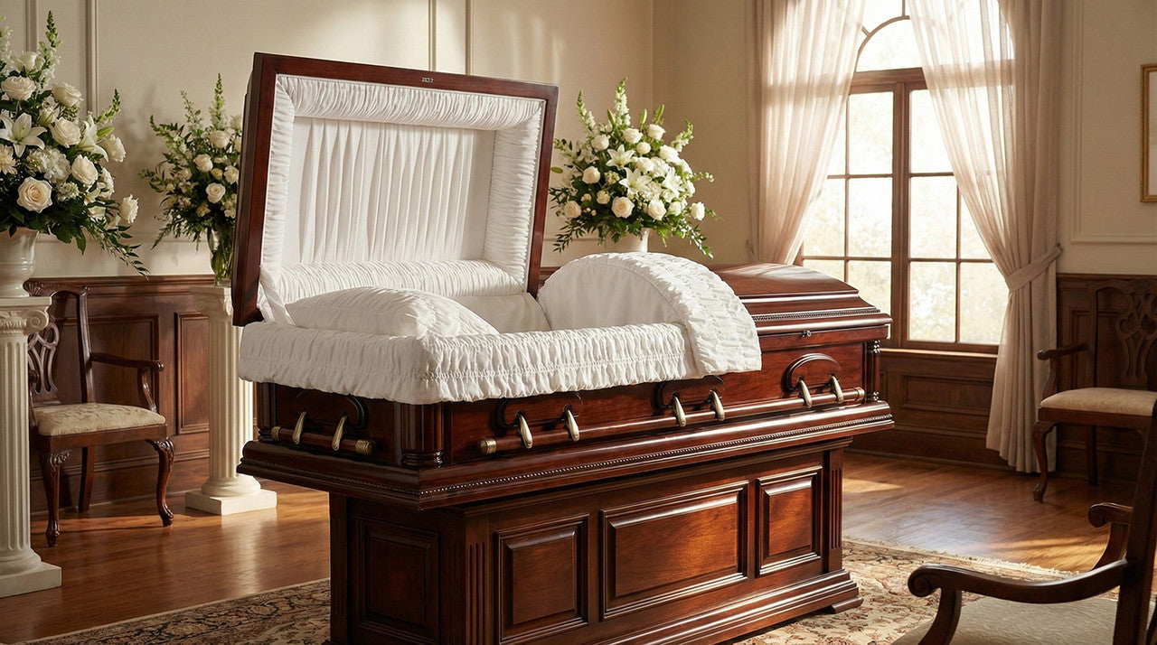 Cherrytone Solid Poplar Casket with Cream Velvet Interior -  Wood Casket