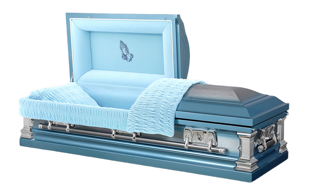 Praying Hands Casket Monarch Blue with Blue Velvet Interior - Metal Casket