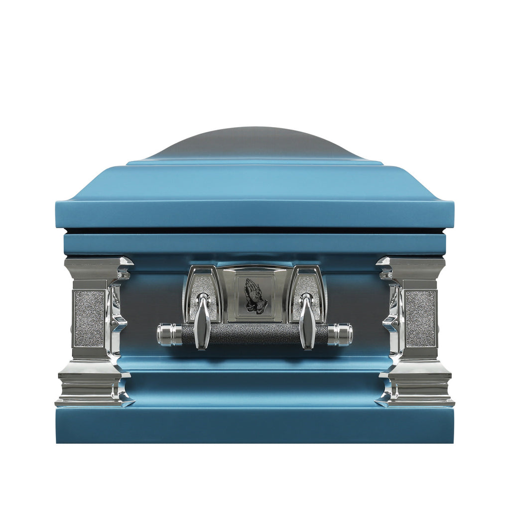 Praying Hands Casket Monarch Blue with Blue Velvet Interior - Metal Casket