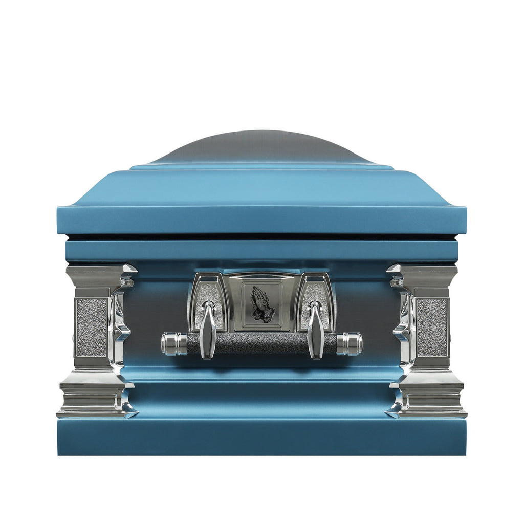 Sanctuary Praying Hands Casket with Blue Velvet Interior - Stainless Steel Casket