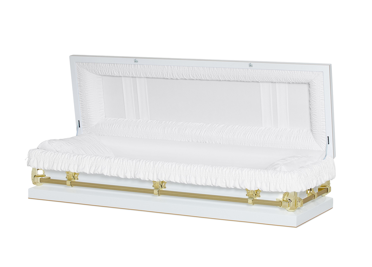 Gemini White And Gold Full Couch with White Crepe Interior - Metal Casket