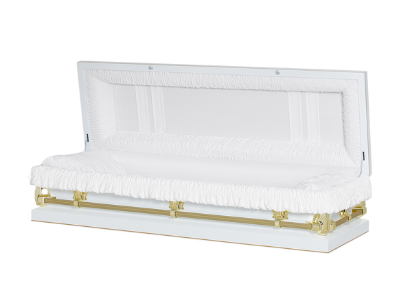 Gemini White And Gold Full Couch with White Crepe Interior - Metal Casket