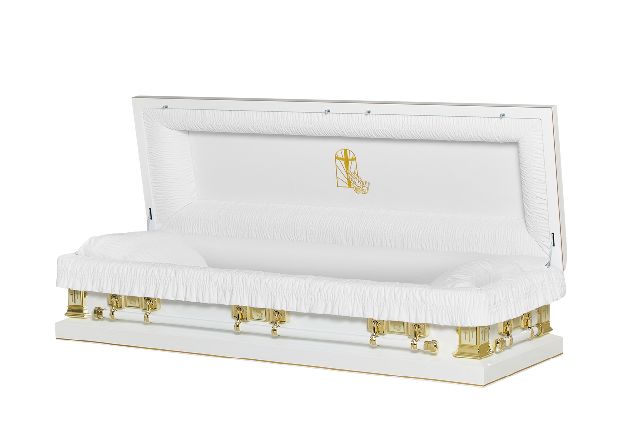 Golden Cross Full Couch with White Velvet Interior - Metal Casket