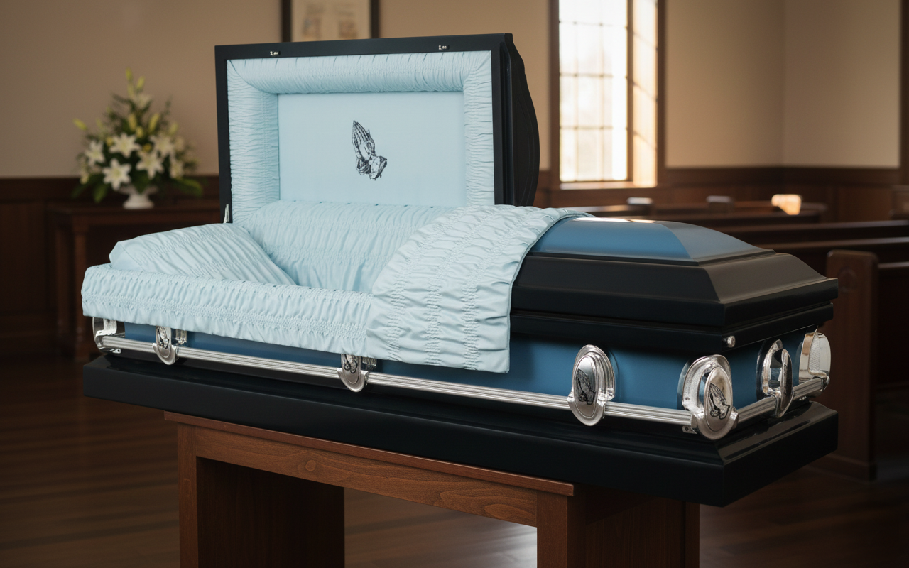 Praying Hands' Spruce Blue Casket - Metal Casket