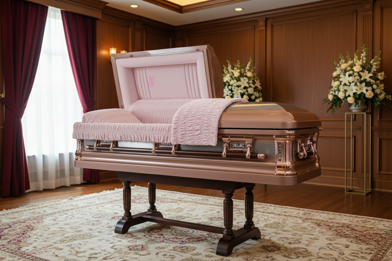 Silver Rose Brush Casket with Pink Velvet Interior - Metal Casket