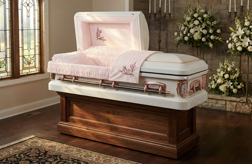 PrimRose White and Pink Casket with Pink Velvet Interior - Metal Casket