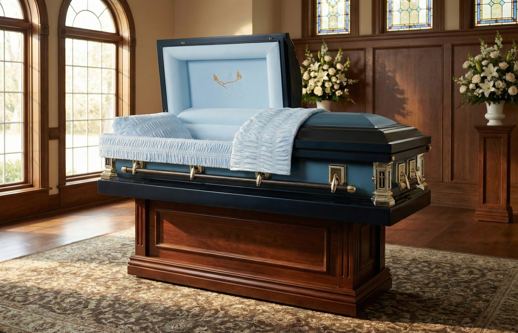 In God's Care Spruce Blue Casket with Blue Velvet Interior- Metal Casket