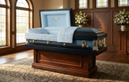 In God's Care Spruce Blue Casket with Blue Velvet Interior- Metal Casket