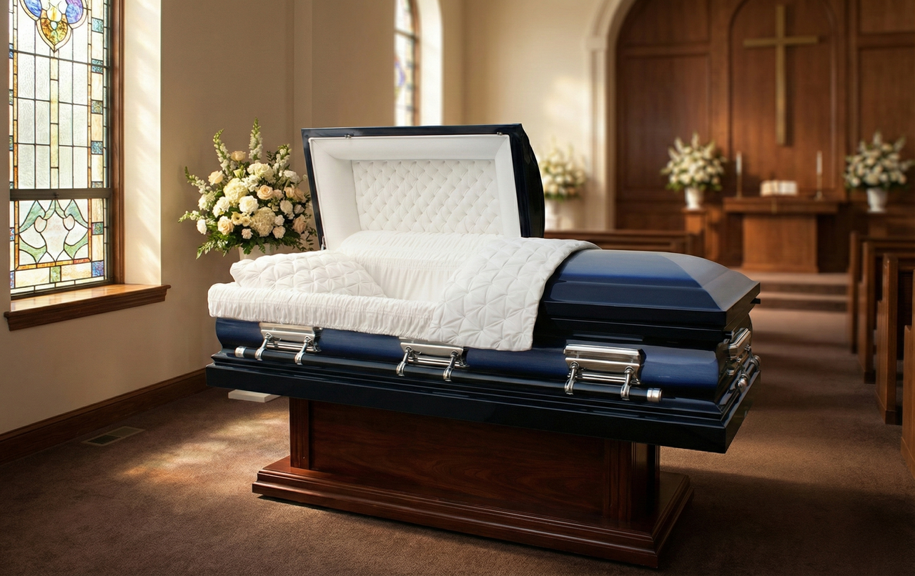 Legacy Spruce Blue Casket with White Velvet Interior - Metal Casket