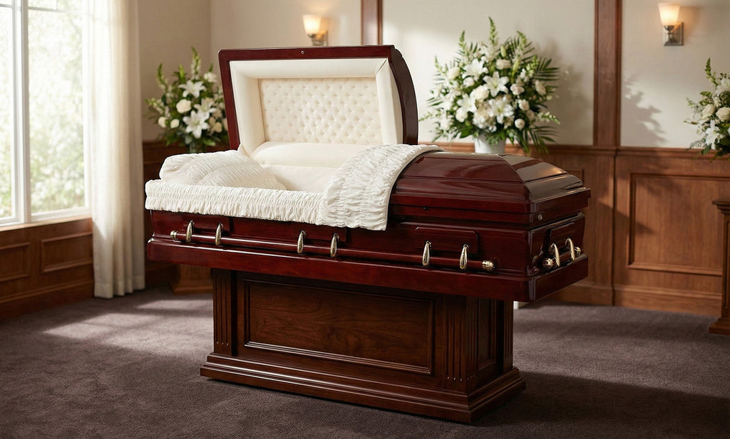 Belmont Veneer Casket with Cream Velvet Interior - Wood Casket