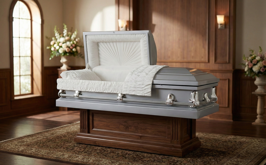 Spartan Silver Casket with White Crepe Interior - Metal Casket