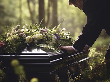 Man Touching A Black Casket With Flowers