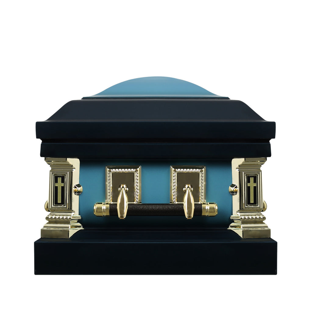 In God's Care Spruce Blue Casket with Blue Velvet Interior- Metal Casket
