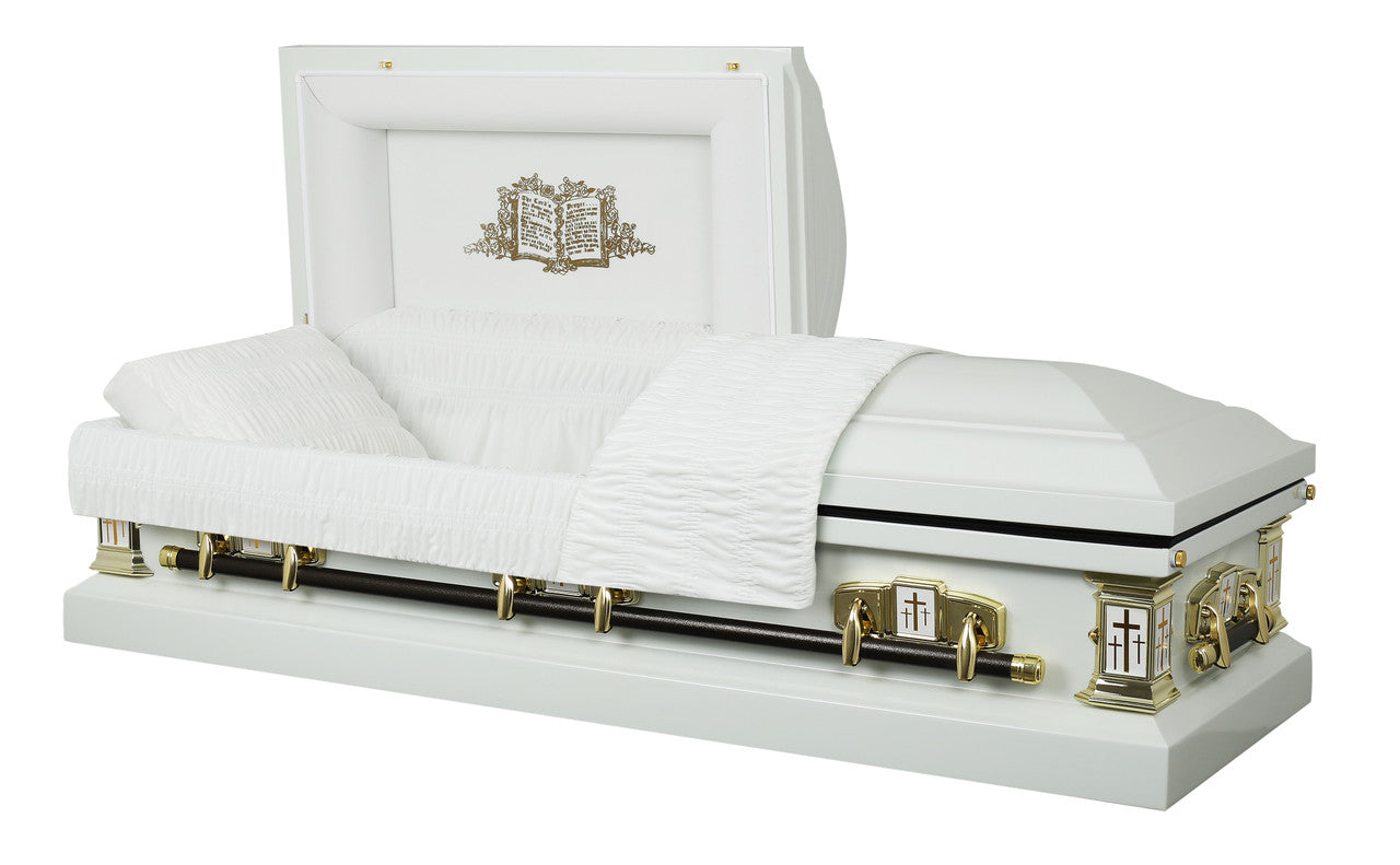 White Cross' Lords Prayer Casket with White Velvet Interior - Metal Casket