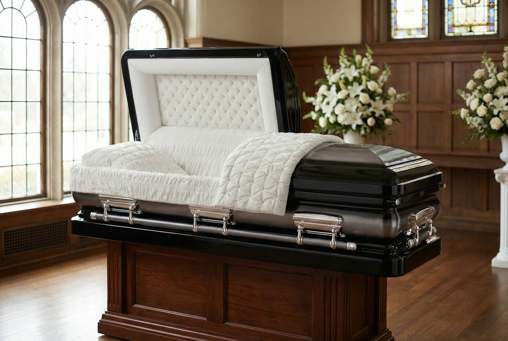 Sterling Black with White Velvet Interior - Metal Casket