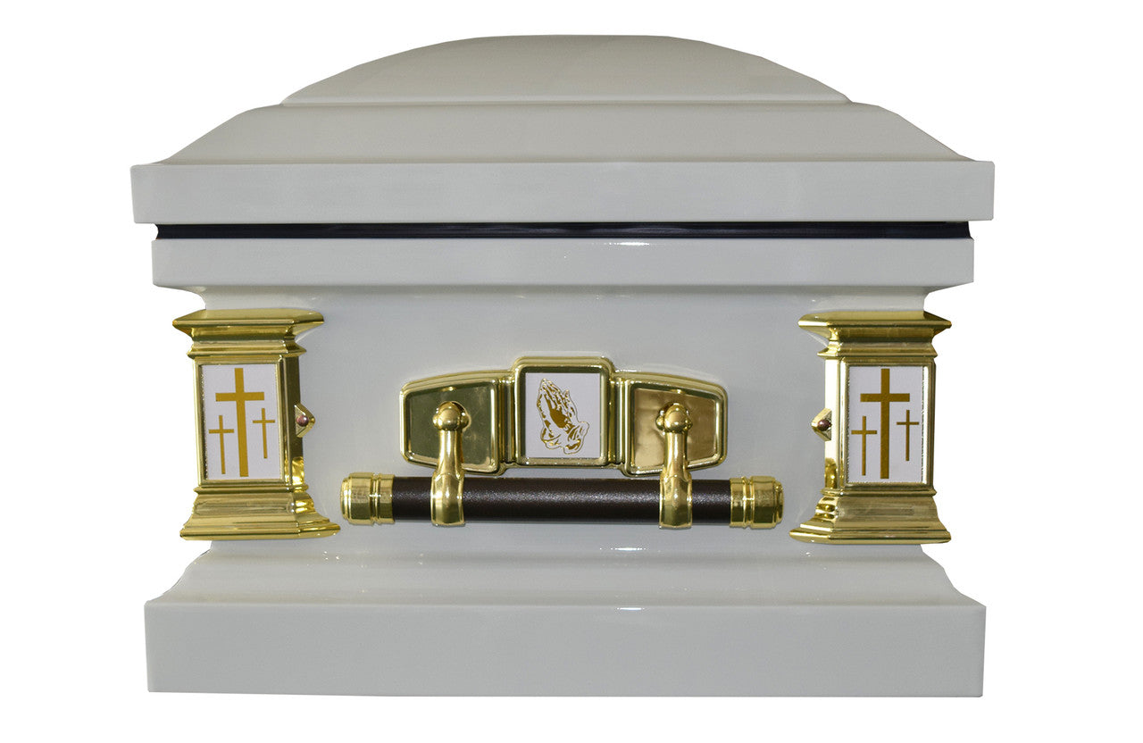 White Cross' Lords Prayer Casket with White Velvet Interior - Metal Casket