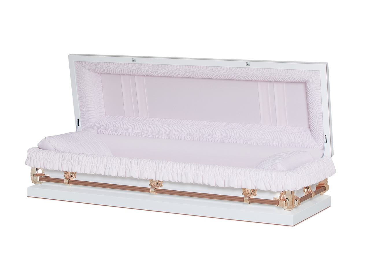 Gemini White And Pink Full Couch with Pink Crepe Interior - Metal Casket