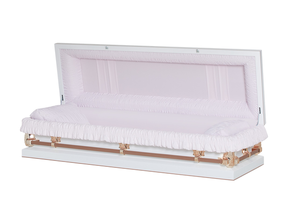 Gemini White And Pink Full Couch with Pink Crepe Interior - Metal Casket