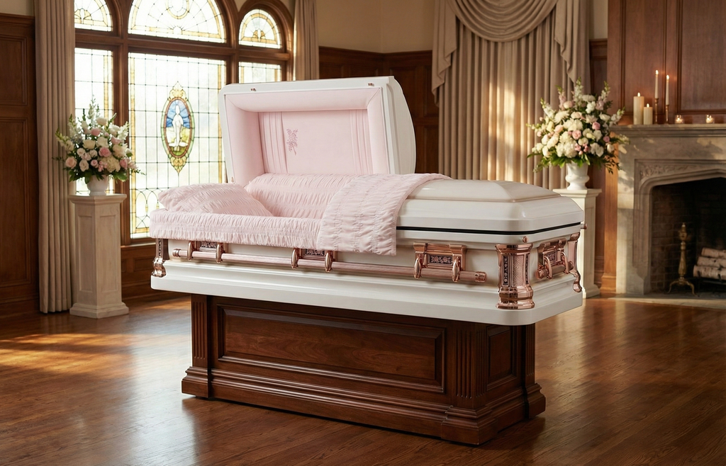 Misty Rose with Pink Velvet Interior - Metal Casket
