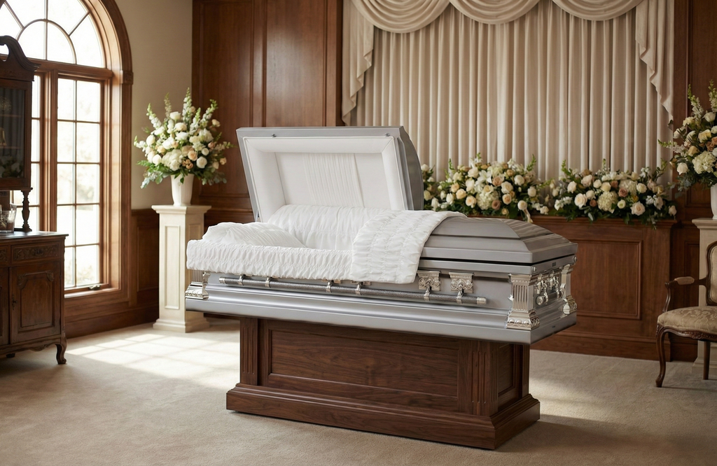 Lincoln Silver Casket with White Velvet Interior- Metal Casket