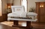 White Cross' Lords Prayer Casket with White Velvet Interior - Metal Casket
