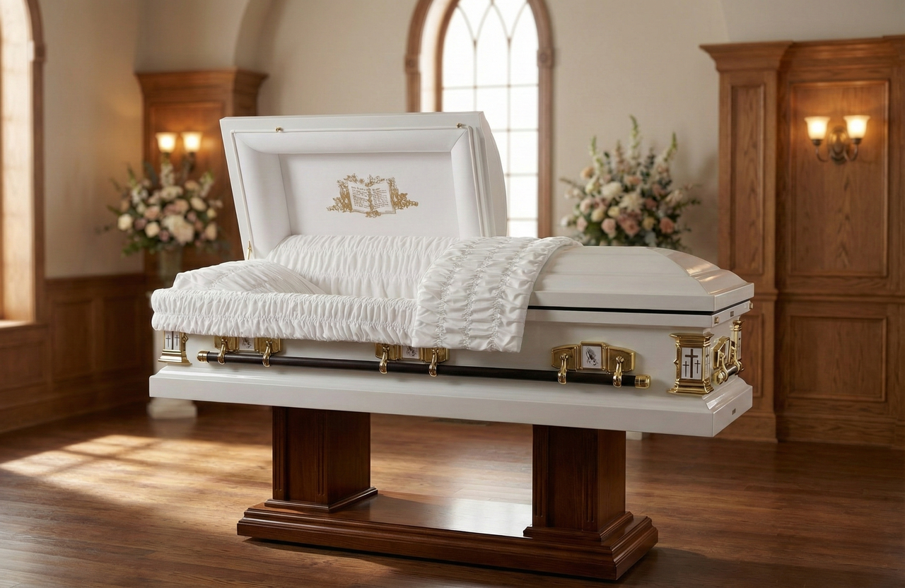 White Cross' Lords Prayer Casket with White Velvet Interior - Metal Casket