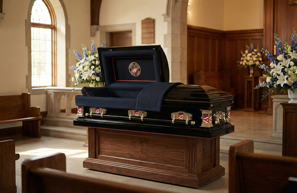 Veterans Marines Black with Black Interior - Metal Casket